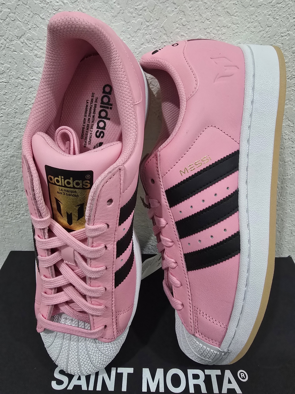 Adidas Messi Women's Pink Superstar Sneakers with Black Stripes - Picture 6 of 8